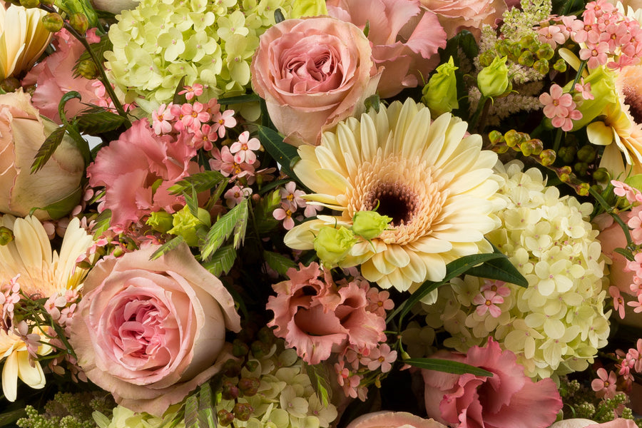 Pastelkleurige bloemen zijn zeer geschikt voor een begrafenis of crematie. Biedermeier Zielsverwant bevat deze mooie bloemencombinatie.
